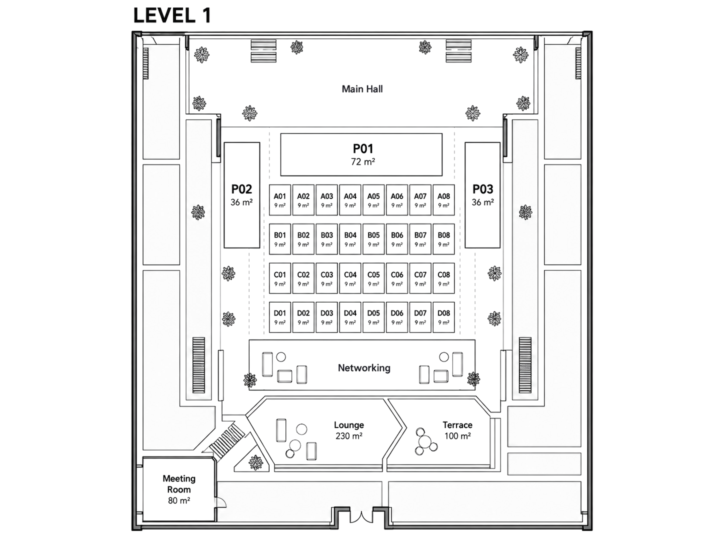 Level 1 floor plan: main hall, pavilions P01–P03, booth rows A to D, networking area, lounge and terrace